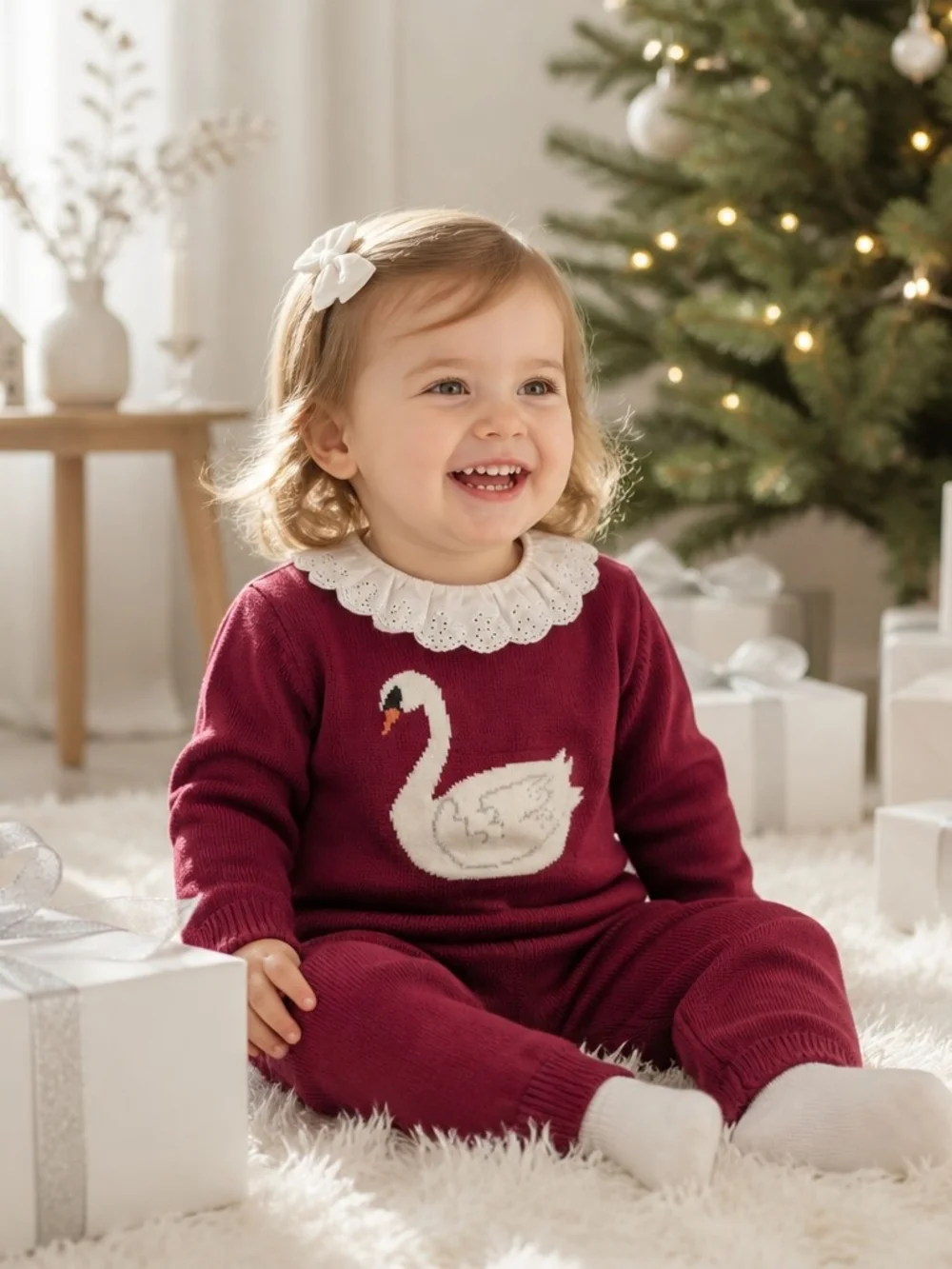 Kids Burgundy Swan Knit Set with White Collar